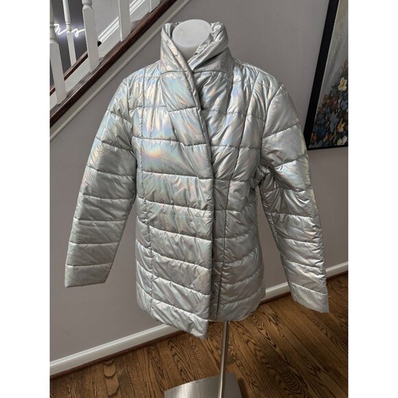 J. McLaughlin Holographic Silver Autumn Puffer Jacket Coat Metallic Size Medium - Picture 1 of 4